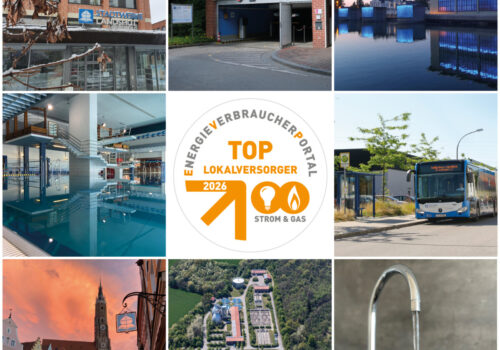 Verschiedene Standorte der Stadtwerke Landshut mit dem neuen Top-Lokalversorger-Siegel in der Mitte