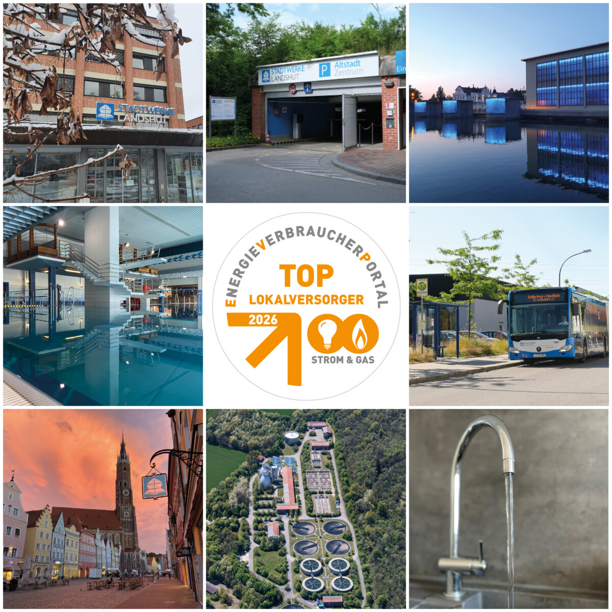 260120_toplokalversorger Verschiedene Standorte der Stadtwerke Landshut mit dem neuen Top-Lokalversorger-Siegel in der Mitte