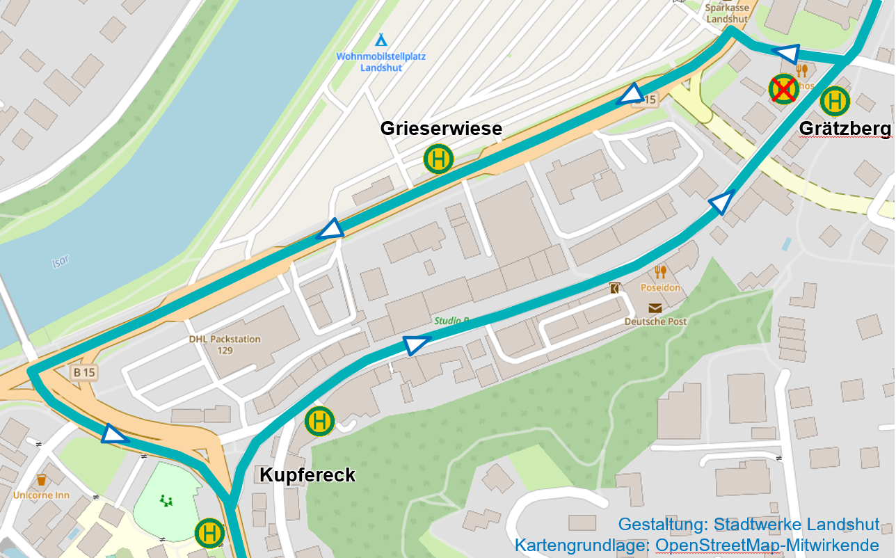 Linienführung während Haltestellenentfall Obere Altstadt und Grätzberg