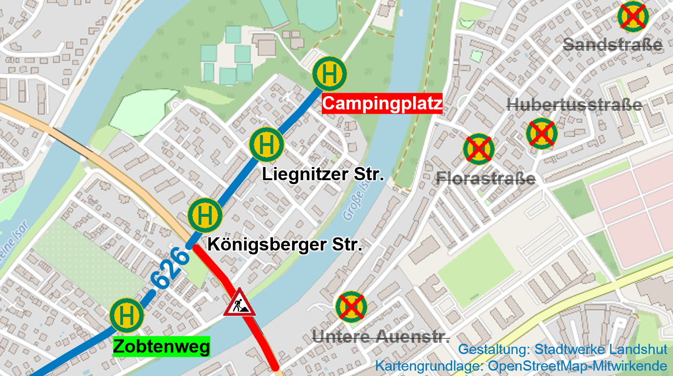 Linienführung der Linien 626 während Sperrung der Konrad-Adenauer-Brücke
