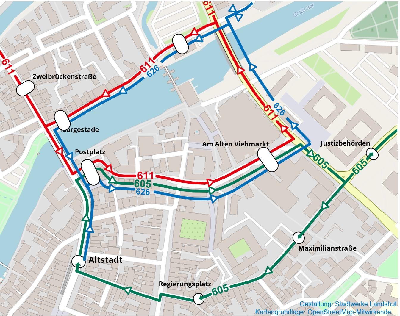 Linienverlauf Umleitung der Stadtbusse währen Sperrung Am Alten Viehmarkt