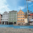 Altstadt Häuserfront der Unteren Altstadt in Landshut mit Visualisierung der beiden Bauabschnitte.
