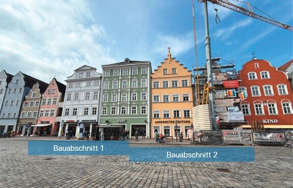 Altstadt Häuserfront der Unteren Altstadt in Landshut mit Visualisierung der beiden Bauabschnitte.