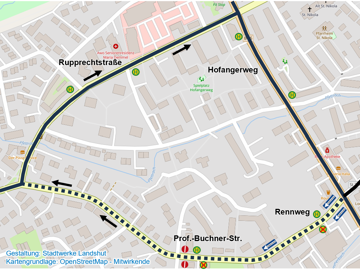 Linienführung der Busse während Bauarbeiten am Rennweg