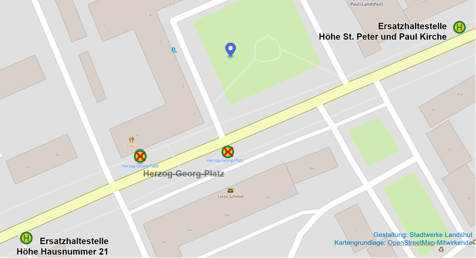 Haltestellenverlegung Herzog-Georg-Platz Übersicht Haltestellenverlegung Herzog-Georg-Platz mit Ersatzhaltestellen