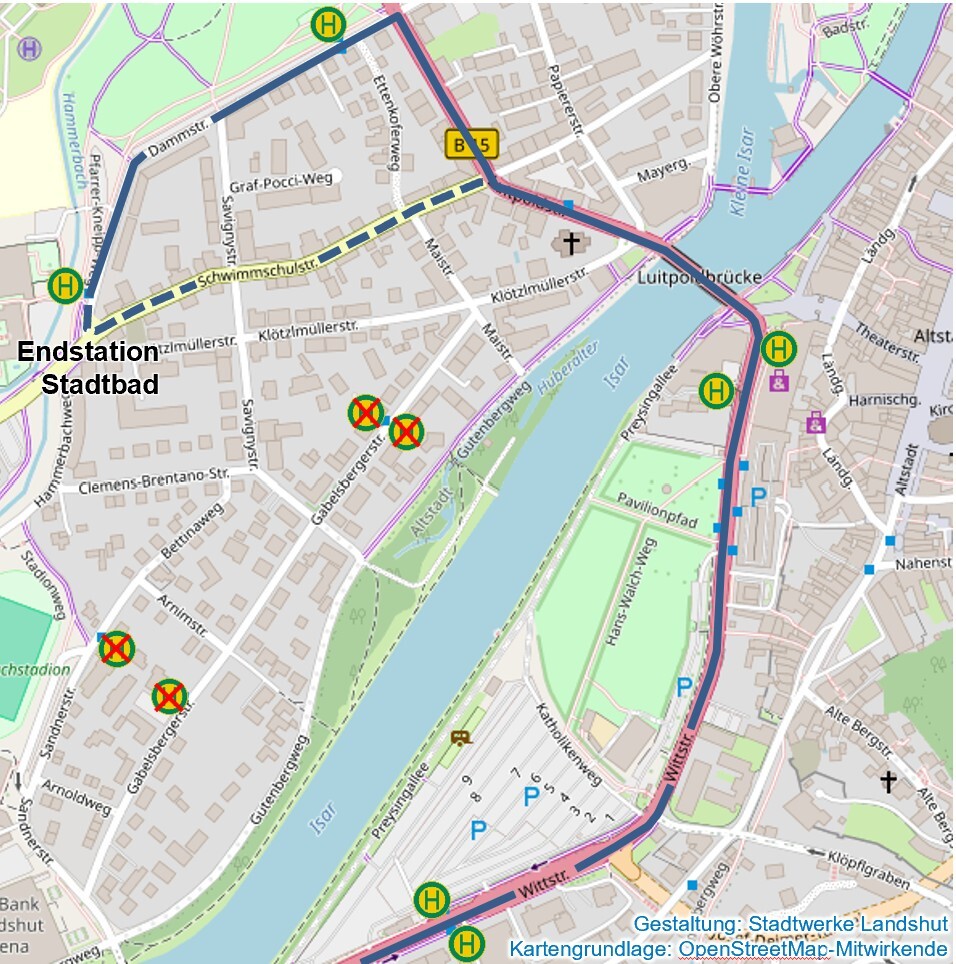 Linienführung Umleitung Gabelsbergerstraße Linienführung der Busse wegen Sperrung Gabelsbergerstraße