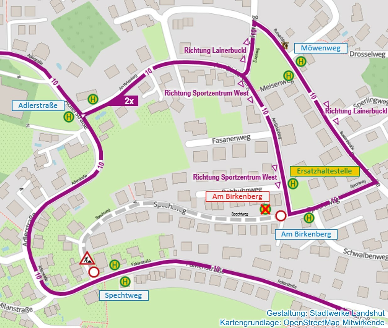 Linienführung Umleitung Spechtweg Linienverlauf der Stadtbusse wegen Bauarbeiten im Spechtweg