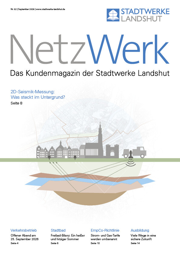 NetzWerk 52 Titelbild Kundenmagazin mit einer Grafik, die symbolisch für die bevorstehende 2D-Seismik-Messung steht.