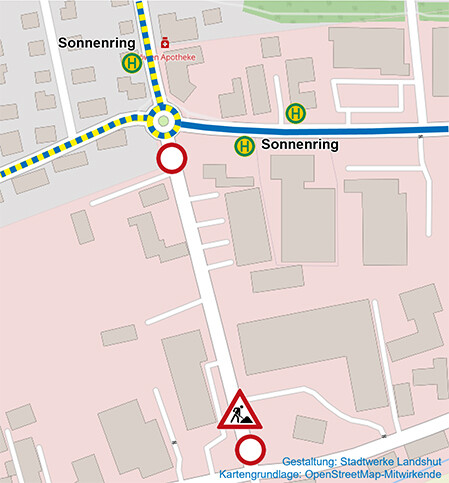 Umleitungsverlauf der Linien 606 und 608 in Richtung Eugenbach